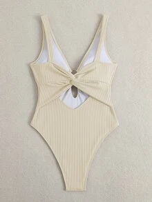Swim Vcay 新款女款夏季細肩帶綴珠露背紋理提花面料深V領性感輕盈海灘度假連身泳衣 米色 - 米色 - 查看 2