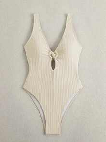 Swim Vcay 新款女款夏季細肩帶綴珠露背紋理提花面料深V領性感輕盈海灘度假連身泳衣 米色 - 米色 - 查看 3