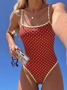 SHEIN Swim 紅白色波點連身泳衣，夏季熱帶海灘度假，細肩帶深 V 領露背修身泳裝，度假 - 彩色 - 查看 1