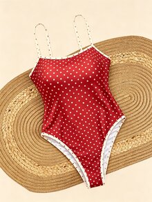 SHEIN Swim 紅白色波點連身泳衣，夏季熱帶海灘度假，細肩帶深 V 領露背修身泳裝，度假 - 彩色 - 查看 4