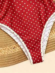SHEIN Swim 紅白色波點連身泳衣，夏季熱帶海灘度假，細肩帶深 V 領露背修身泳裝，度假 - 彩色 - 查看 5