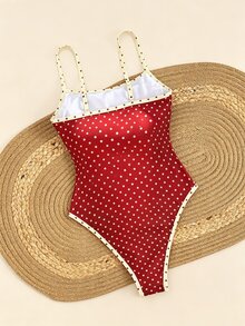 SHEIN Swim 紅白色波點連身泳衣，夏季熱帶海灘度假，細肩帶深 V 領露背修身泳裝，度假 - 彩色 - 查看 2