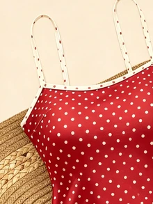 SHEIN Swim 紅白色波點連身泳衣，夏季熱帶海灘度假，細肩帶深 V 領露背修身泳裝，度假 - 彩色 - 查看 6