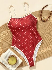 SHEIN Swim 紅白色波點連身泳衣，夏季熱帶海灘度假，細肩帶深 V 領露背修身泳裝，度假 - 彩色 - 查看 3