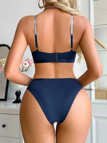 2pcs Women's Lingerie Set, Non-Wired Bra With Sparkling Shoulder Strap - Blue - View 2