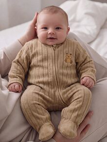 SHEIN Newborn Baby Boy/Girl Cute Casual Knitted Cartoon Pattern Khaki Knit Autumn Winter Romper - Khaki - View 5