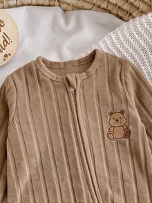 SHEIN Newborn Baby Boy/Girl Cute Casual Knitted Cartoon Pattern Khaki Knit Autumn Winter Romper - Khaki - View 3