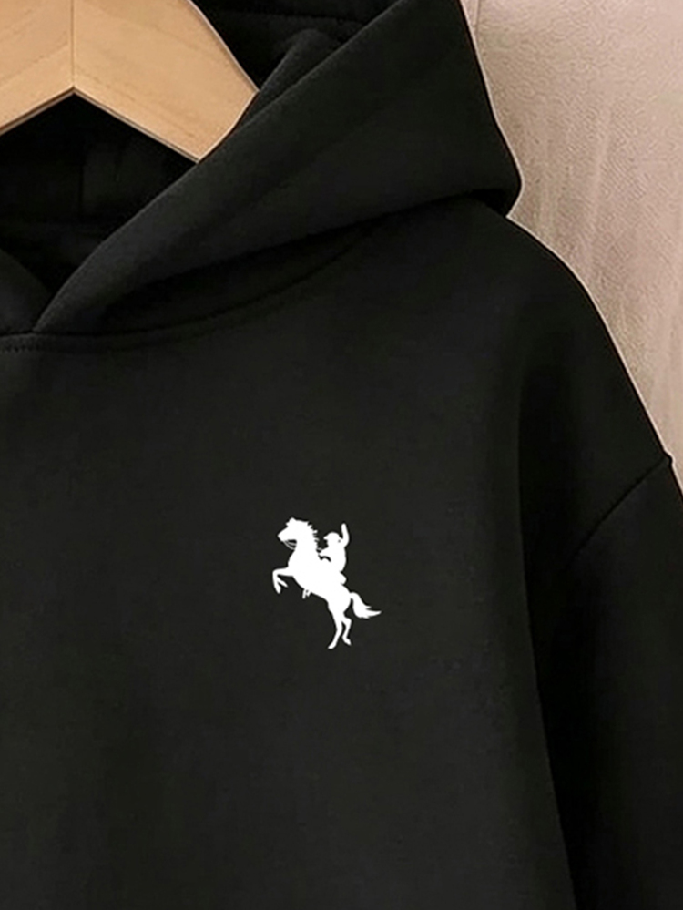 SHEIN Back To School Teen Girls Casual Horse Graphic Print Black Sweatshirt, Fashionable & Unique, Suitable For All Seasons, Fall Clothes Winter Y2k - Black - View 3