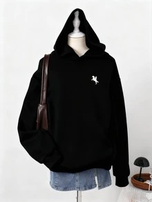 SHEIN Back To School Teen Girls Casual Horse Graphic Print Black Sweatshirt, Fashionable & Unique, Suitable For All Seasons, Fall Clothes Winter Y2k - Black - View 6