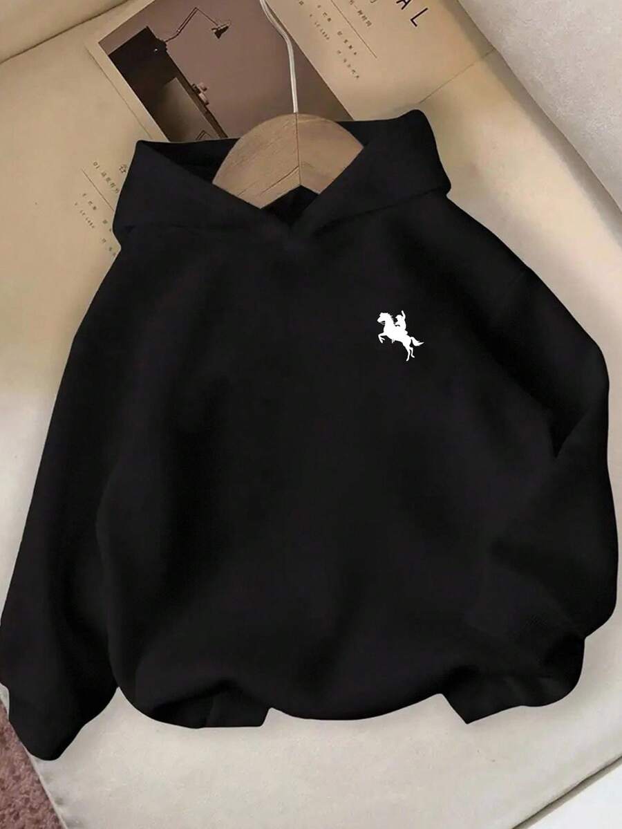 SHEIN Back To School Teen Girls Casual Horse Graphic Print Black Sweatshirt, Fashionable & Unique, Suitable For All Seasons, Fall Clothes Winter Y2k - Black - View 1