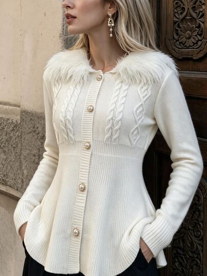 Penseblé Elegant Party Style Women's Long Sleeved Fur Collar Cardigan, Women's Autumn Outfit