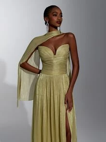 Elitara Elegant Yellow-Green Shimmer Strapless A-Line Evening Gown With Ruched Bodice, Draped Scarf Detail And High Slit For Wedding Guest, Gala, Formal Party - Yellow - View 9