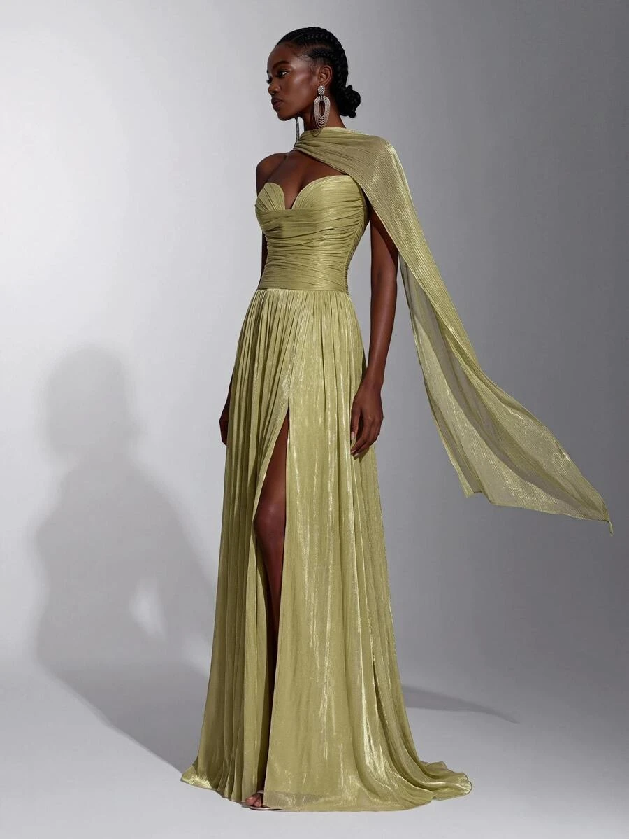 Elitara Elegant Yellow-Green Shimmer Strapless A-Line Evening Gown With Ruched Bodice, Draped Scarf Detail And High Slit For Wedding Guest, Gala, Formal Party