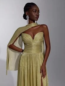 Elitara Elegant Yellow-Green Shimmer Strapless A-Line Evening Gown With Ruched Bodice, Draped Scarf Detail And High Slit For Wedding Guest, Gala, Formal Party - Yellow - View 4