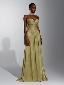Elitara Elegant Yellow-Green Shimmer Strapless A-Line Evening Gown With Ruched Bodice, Draped Scarf Detail And High Slit For Wedding Guest, Gala, Formal Party - Yellow - View 7