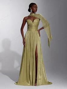 Elitara Elegant Yellow-Green Shimmer Strapless A-Line Evening Gown With Ruched Bodice, Draped Scarf Detail And High Slit For Wedding Guest, Gala, Formal Party - Yellow - View 3