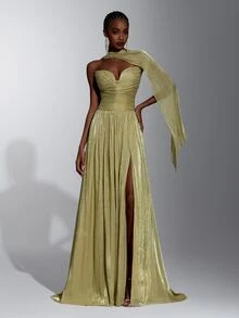 Elitara Elegant Yellow-Green Shimmer Strapless A-Line Evening Gown With Ruched Bodice, Draped Scarf Detail And High Slit For Wedding Guest, Gala, Formal Party - Yellow - View 8