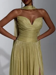 Elitara Elegant Yellow-Green Shimmer Strapless A-Line Evening Gown With Ruched Bodice, Draped Scarf Detail And High Slit For Wedding Guest, Gala, Formal Party - Yellow - View 11