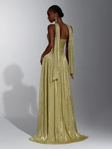 Elitara Elegant Yellow-Green Shimmer Strapless A-Line Evening Gown With Ruched Bodice, Draped Scarf Detail And High Slit For Wedding Guest, Gala, Formal Party - Yellow - View 10