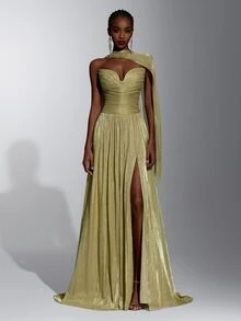 Elitara Elegant Yellow-Green Shimmer Strapless A-Line Evening Gown With Ruched Bodice, Draped Scarf Detail And High Slit For Wedding Guest, Gala, Formal Party - Yellow - View 5