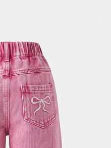 SHEIN Elladie kids 女童牛仔褲，四季新款，時尚休閒牛仔西部風，復古嬰兒藍，彈性腰帶不對稱設計，後口袋蝴蝶結 - 粉色 - 查看 4
