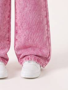 SHEIN Elladie kids 女童牛仔褲，四季新款，時尚休閒牛仔西部風，復古嬰兒藍，彈性腰帶不對稱設計，後口袋蝴蝶結 - 粉色 - 查看 5