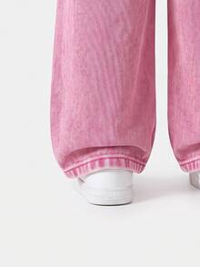 SHEIN Elladie kids 女童牛仔褲，四季新款，時尚休閒牛仔西部風，復古嬰兒藍，彈性腰帶不對稱設計，後口袋蝴蝶結 - 粉色 - 查看 6