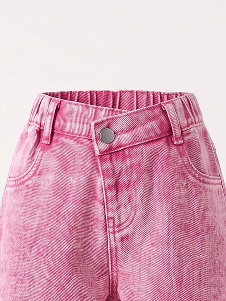 SHEIN Elladie kids Young Girl Denim Jeans, All-Season New Style, Fashion Casual Cowgirl Western, Vintage Baby Blue, Elastic Waistband Asymmetric Design, Back Pocket Bow - Pink - View 2