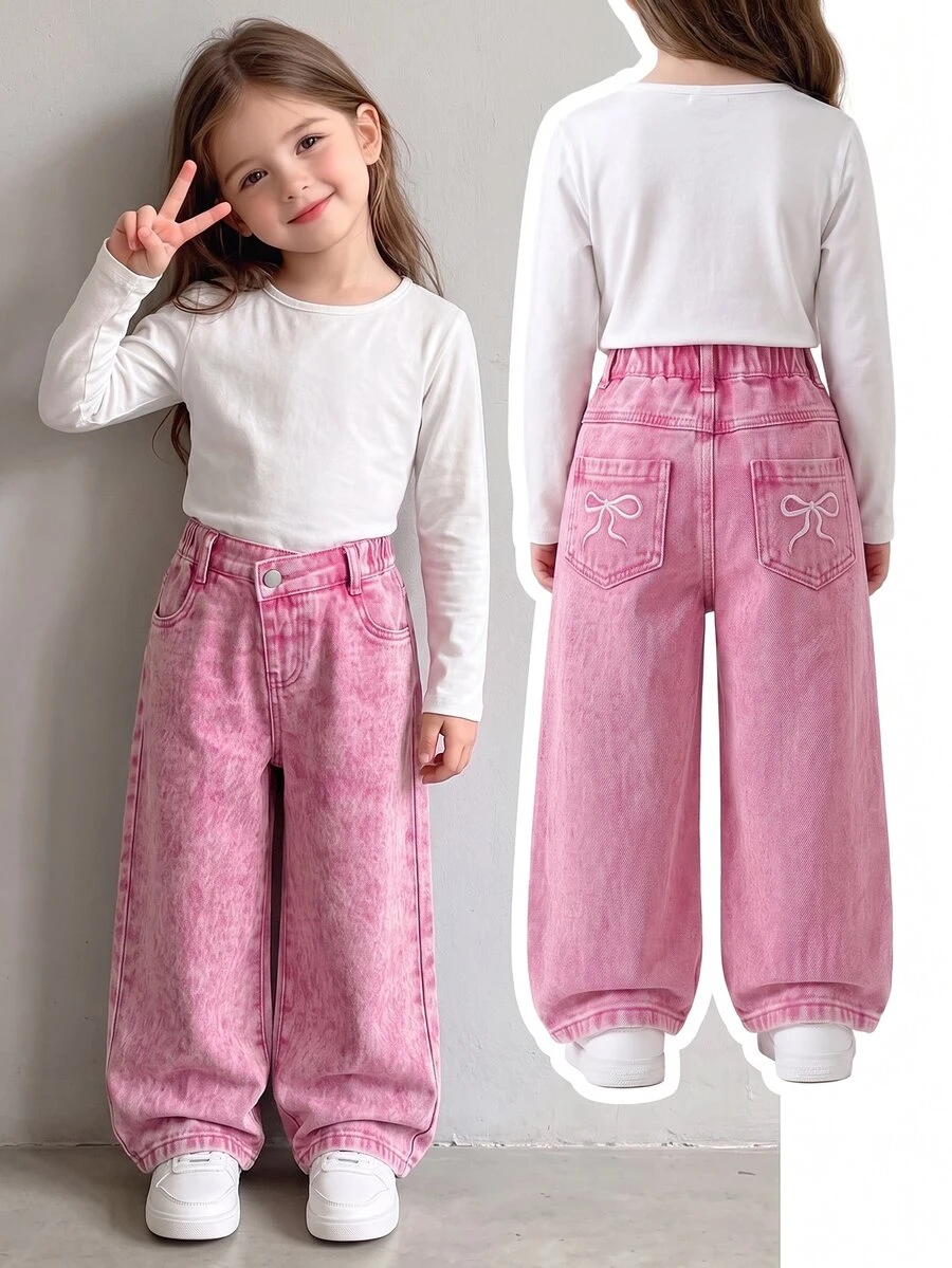 SHEIN Elladie kids 女童牛仔褲,四季新款,時尚休閒牛仔西部風,復古嬰兒藍,彈性腰帶不對稱設計,後口袋蝴蝶結 - 粉色 - 查看 1