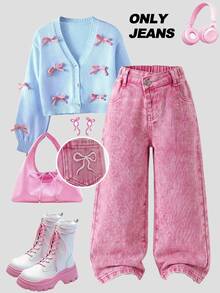 SHEIN Elladie kids 女童牛仔褲，四季新款，時尚休閒牛仔西部風，復古嬰兒藍，彈性腰帶不對稱設計，後口袋蝴蝶結 - 粉色 - 查看 7