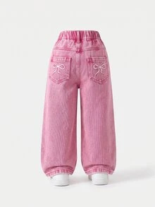 SHEIN Elladie kids 女童牛仔褲，四季新款，時尚休閒牛仔西部風，復古嬰兒藍，彈性腰帶不對稱設計，後口袋蝴蝶結 - 粉色 - 查看 3