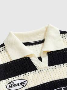 ROMWE MEN Street Life Teen Boys Striped And Letter Pattern Short Sleeve Notch V-Neck Sweater - Black - View 5