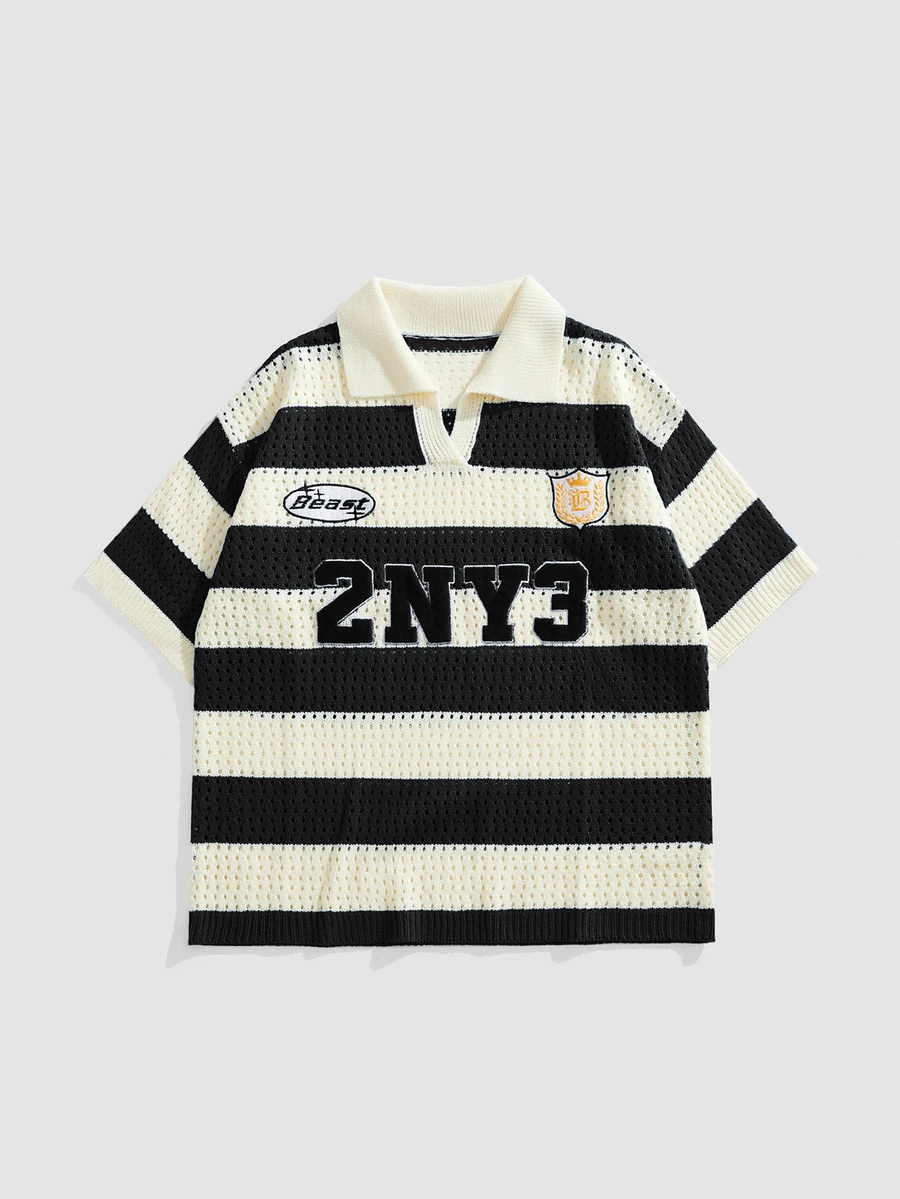 ROMWE MEN Street Life Teen Boys Striped And Letter Pattern Short Sleeve Notch V-Neck Sweater - Black - View 1
