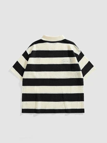 ROMWE MEN Street Life Teen Boys Striped And Letter Pattern Short Sleeve Notch V-Neck Sweater - Black - View 2