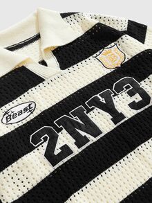 ROMWE MEN Street Life Teen Boys Striped And Letter Pattern Short Sleeve Notch V-Neck Sweater - Black - View 4