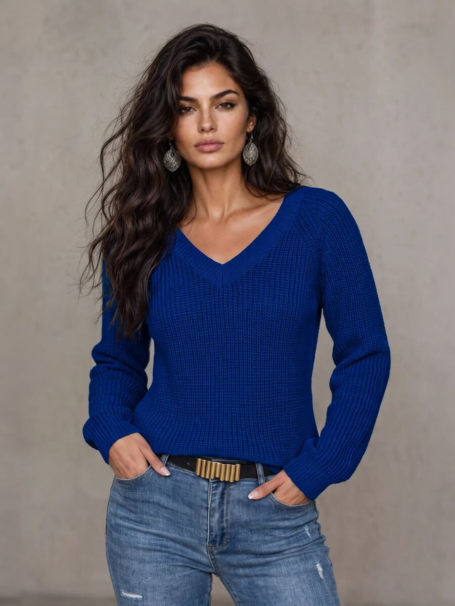 LUMIGAL Solid Raglan Sleeve Ribbed Knit Sweater,Long Sleeve Tops - Royal Blue - View 1