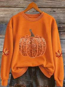 Breezaya Women Fall Pumpkin Maple Leaf Print Crewneck Sweatshirt Long Sleeve Casual Pullover Tops - Black - View 3