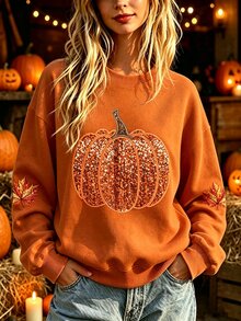 Breezaya Women Fall Pumpkin Maple Leaf Print Crewneck Sweatshirt Long Sleeve Casual Pullover Tops - Black - View 1
