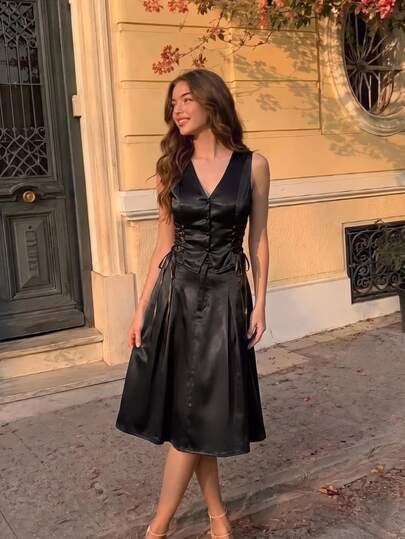 SHEIN MOD Women Solid V Neck Sleeveless Midi Black Sweet Y2K Goth Two Piece Skirt Set Party Going Out Halloween Homecoming Fall Winter Outfit