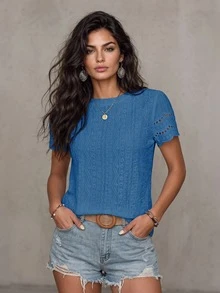 LUMIGAL Kaos Wanita Lengan Pendek Leher Bulat Kasual Serbaguna untuk Pemakaian Sehari-hari - Royal Blue - View 1