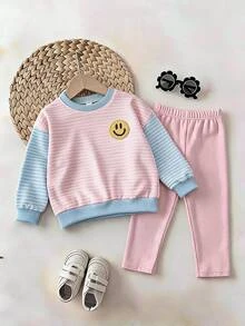 SHEIN Young Girl Colorblock Striped Sweatshirt And Leggings Set Back-To-School School Autumn - Multicolor - View 3