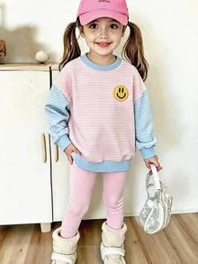 SHEIN Young Girl Colorblock Striped Sweatshirt And Leggings Set Back-To-School School Autumn - Multicolor - View 1
