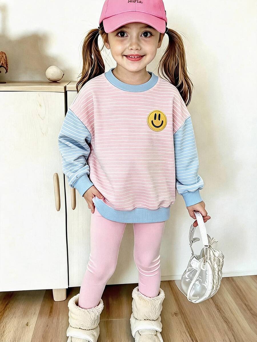 SHEIN Young Girl Colorblock Striped Sweatshirt And Leggings Set Back-To-School School Autumn - Multicolor - View 1