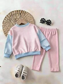 SHEIN Young Girl Colorblock Striped Sweatshirt And Leggings Set Back-To-School School Autumn - Multicolor - View 2