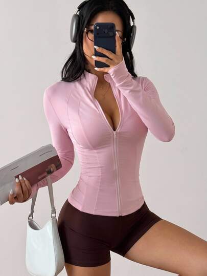 Coolane Chaqueta deportiva de mujer de verano color rosa claro, ajuste ceñido con cremallera, cuello alto, manga larga, top para gimnasio y yoga