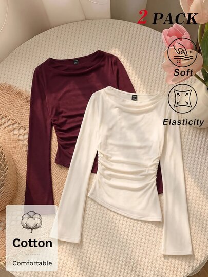 SHEIN MOD Women's 2pcs Burgundy & Apricot Round Neck Ruched Flare Sleeve Gathered Waist Asymmetric Hem Versatile Long Sleeve T-Shirt Base Layer