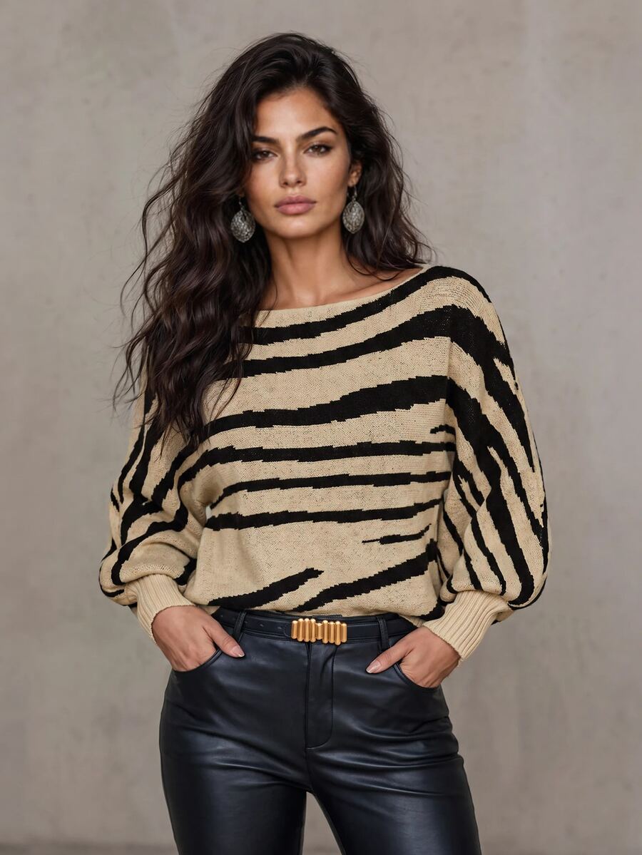 LUMIGAL Women's Fashion Casual Striped Print Long Sleeve Sweater - Multicolor - View 1