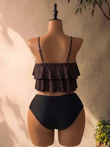 SHEIN Swim 女款棕色斑馬紋黑色不對稱下擺細肩帶上衣與三角比基尼泳褲泳裝套裝，海灘派對夏季性感熱帶風 - 彩色 - 查看 4
