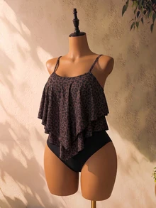 SHEIN Swim 女款棕色斑馬紋黑色不對稱下擺細肩帶上衣與三角比基尼泳褲泳裝套裝，海灘派對夏季性感熱帶風 - 彩色 - 查看 6