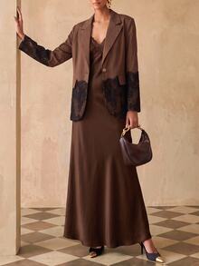 Zivah Women's Elegant Lace Patchwork Button Blazer, Versatile For Commuting And Travel - Brown - View 11